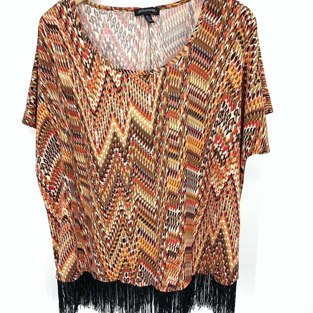 Notations women's chevron print fringe hem top XL
